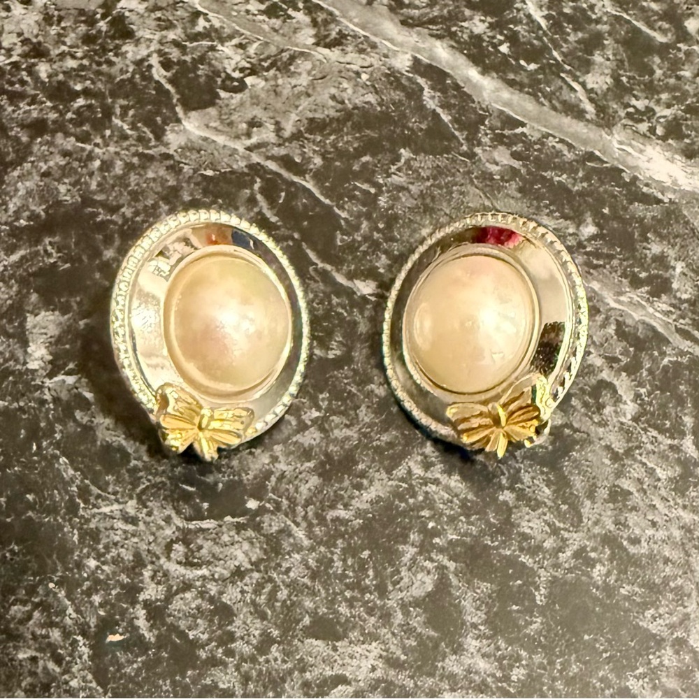 Vintage Courreges Two-tone Gold and Silver Faux Pearl Earrings